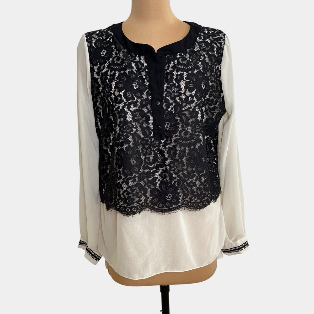 Atina Cristina Top Whimsigoth Black Lace Overlay Sheer Beige Blouse Large Y2K